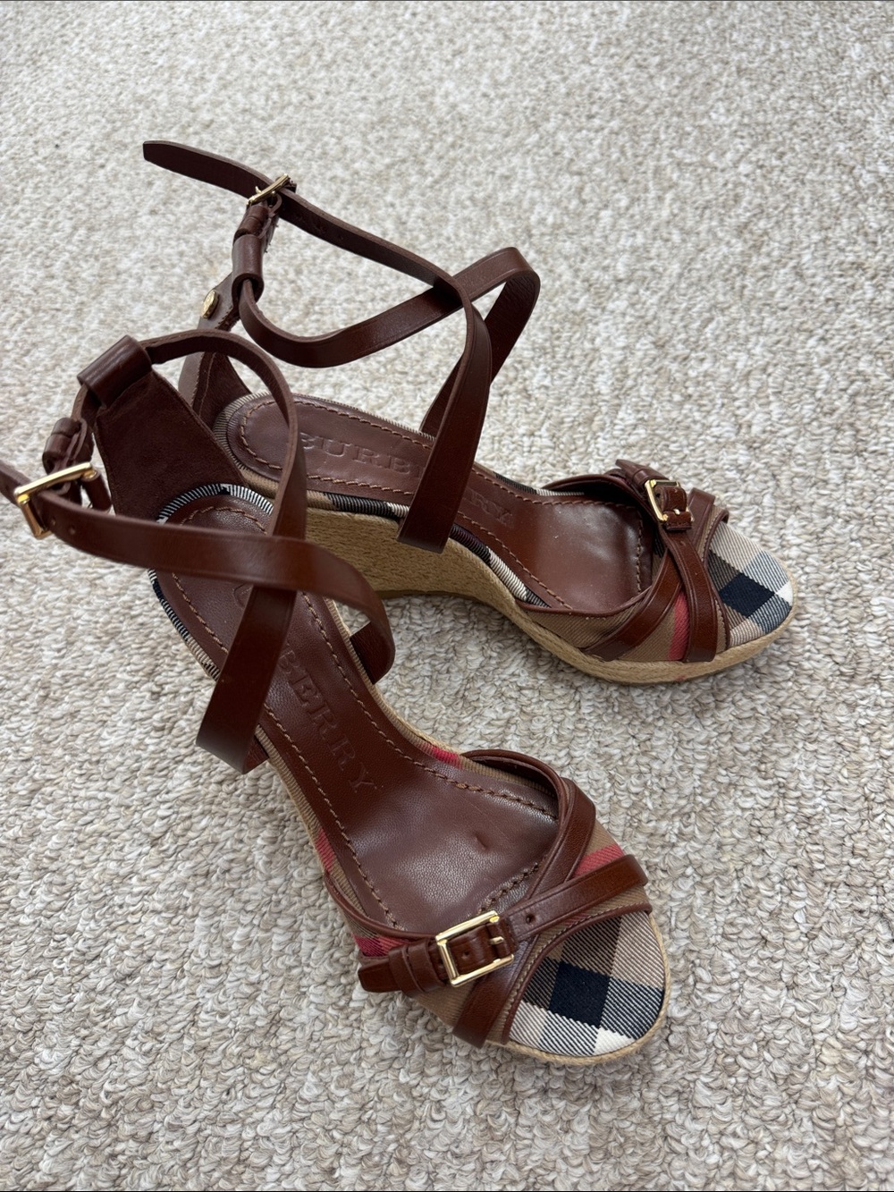 Burberry Brown Leather Ankle-Strap Wedge Sandals with Check Toe